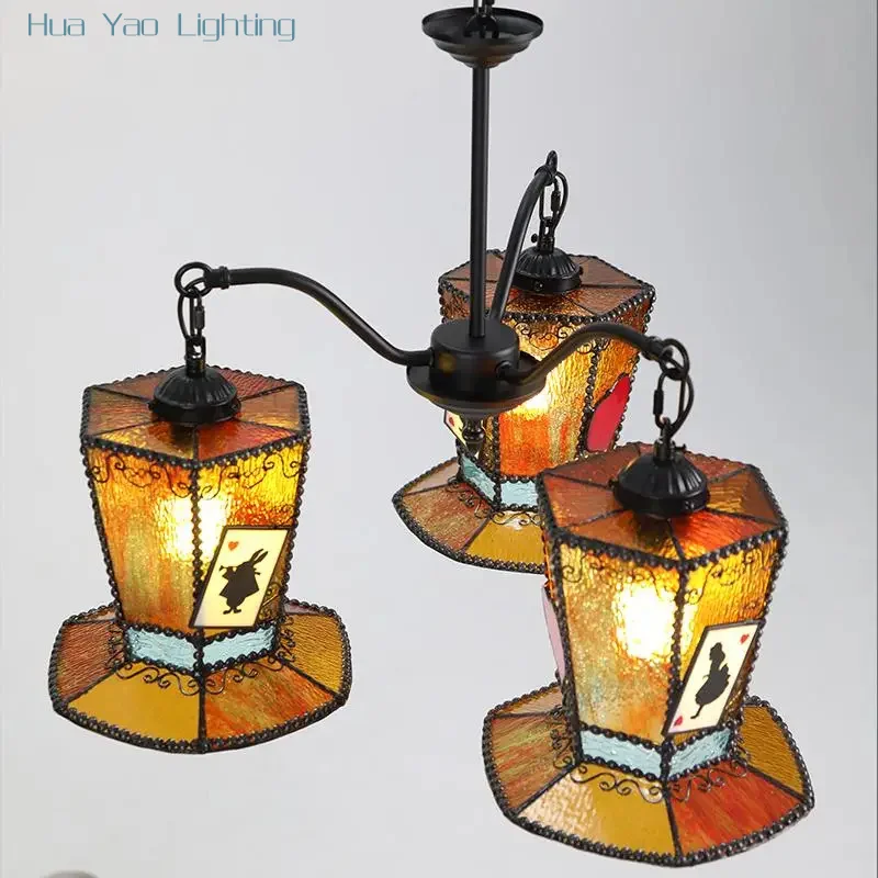Tiffany European Alice's Ceiling Chandelier Lamp LED Mr. White Rabbit/Butterfly Fairy Glass Lampshade Home Decor Pendant Lights