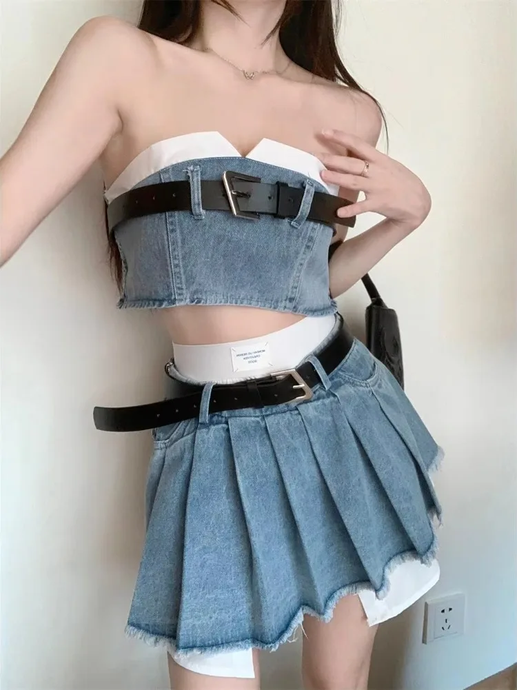 

Модный топ без бретелек, жилет, плиссированная юбка, шикарный летний костюм из двух предметов для девочек Y2k, джинсовый костюм для горячих девушек, юбка Fried High Street