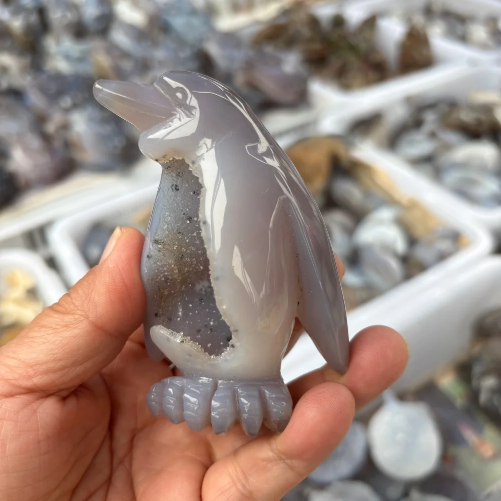 1PC Natural Agate Geode Druzy Penguin Figurine Hand Carved Crystal Animal Statue Healing Stone Desktop Ornament Home Decor Reiki