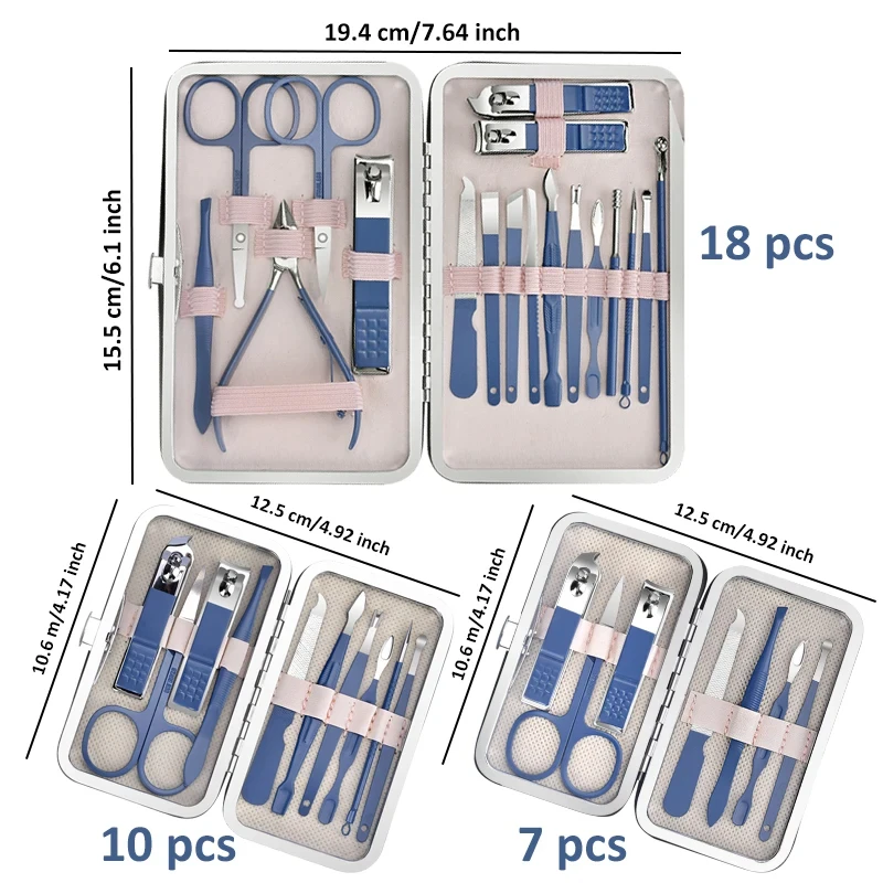 مجموعة مانيكير لقص الأظافر والباديكير طقم مانيكير من الفولاذ المقاوم للصدأ، مجموعات العناية المهنية، أدوات العناية بالأظافر مع السفر C