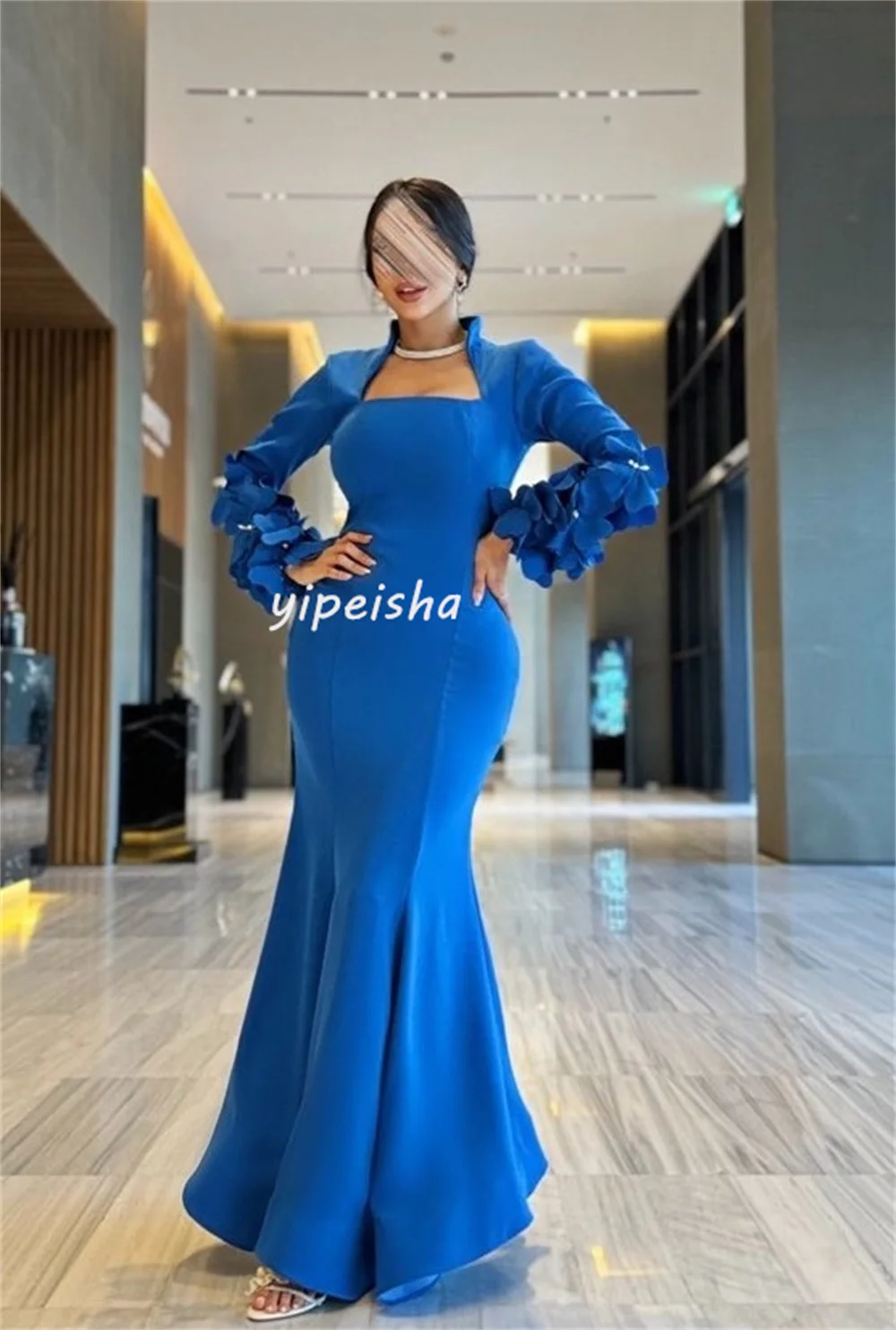 Customized Intricate Classic Jersey Pleat Flower Pearl Mermaid Square Neck Long Dresses Cocktail Dresses High Quality Matching P