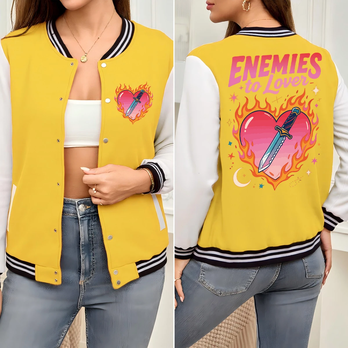 

Enemies To Love Fire Heart с принтами, бейсбольная форма, женская свободная мягкая одежда, модные американские куртки, осенняя хлопковая спортивная одежда