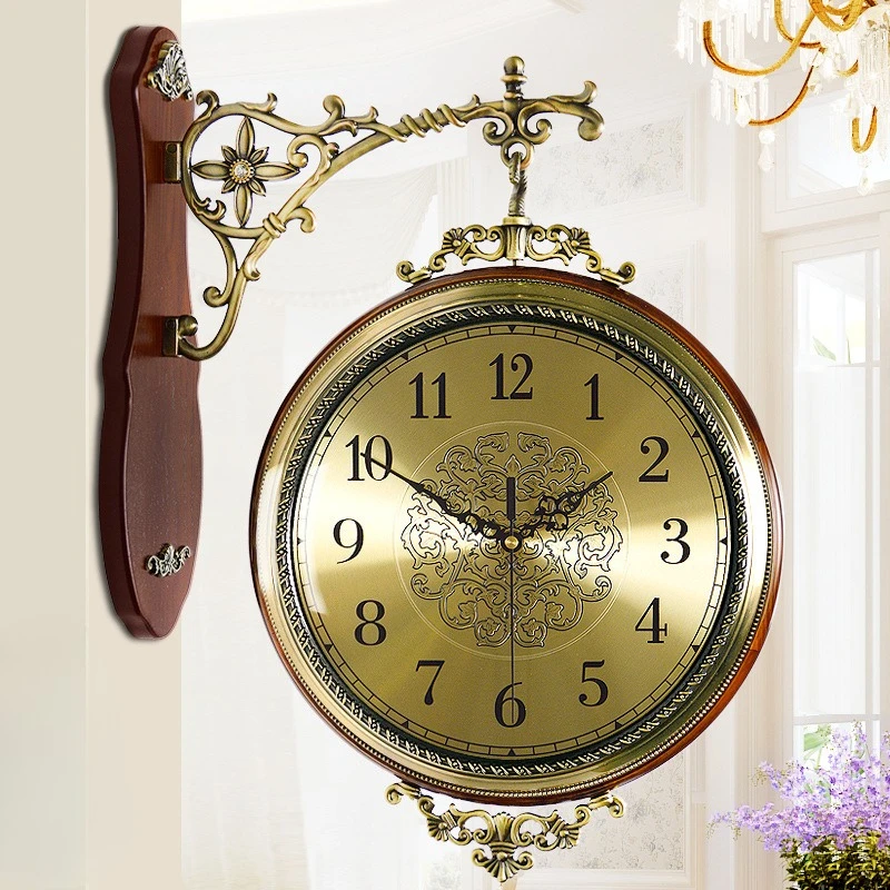 European solid wood double-sided wall clock large silent creative home living room clock antique two-sided retro fashion clock