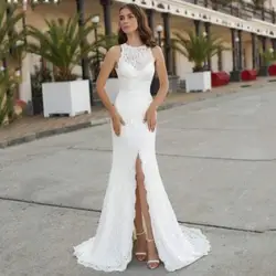 Elegant Lace Applique Halter Mermaid Wedding Dresses 2022 For Women Custom Sexy Front Slit Backless Puff Sleeve Bridal Dress