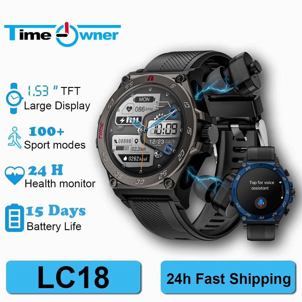 Time Owner TWS Earphone 2 in 1 Watch, 1.53 inch Smart Watch Bluetooth Connect AI Voice Assistant Health LC18 Smartwatch