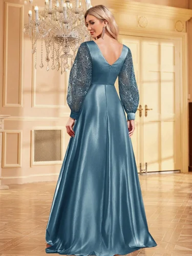 Imagen 2 del producto Vestido de noche azul de lujo con lentejuelas y cuello en V, vestido largo elegante de fiesta para mujer, vestido de cóctel de manga larga, vestidos de graduación para graduación 2025