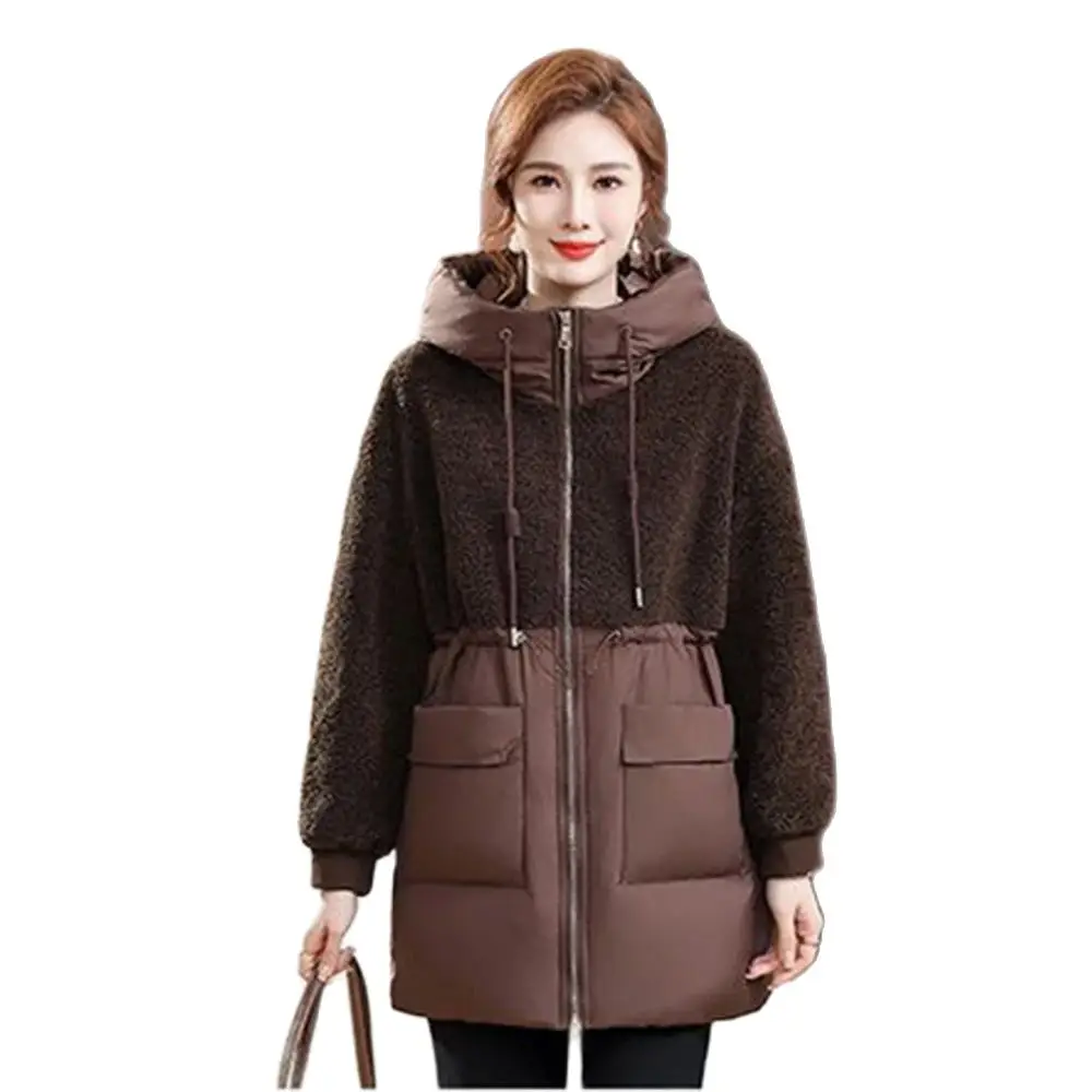 Fashion Winter Fleece Cotton-padded Clothes Middle-aged And Elderly Women Winter Stitching Down Cotton-padded  Warm Coat.