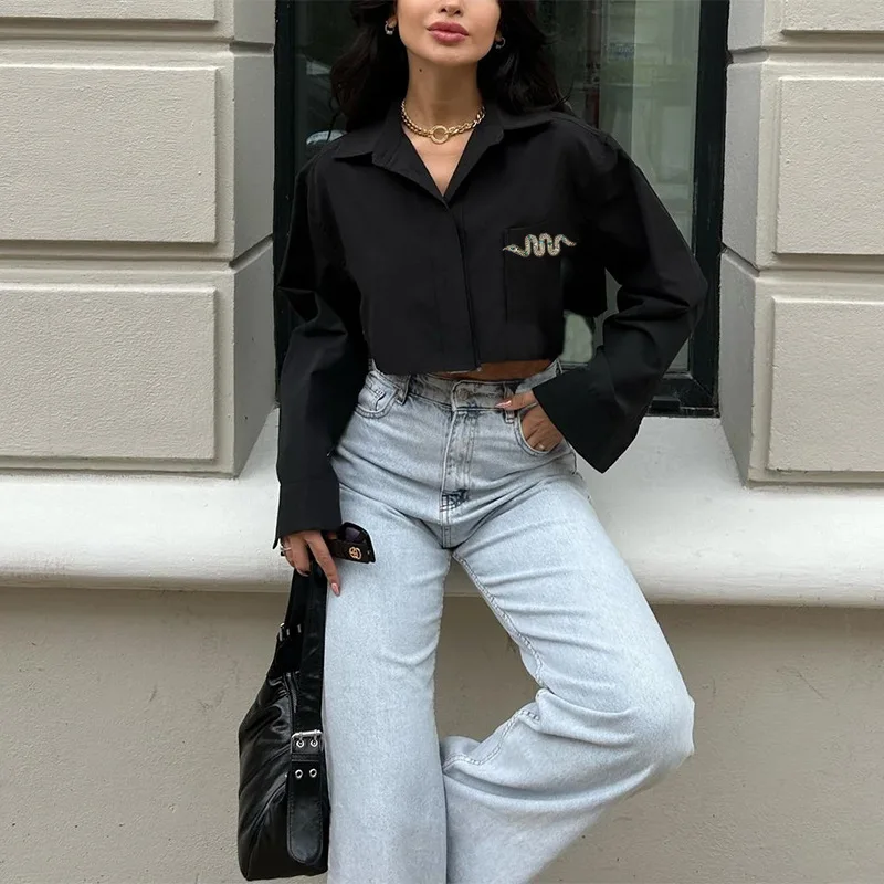 

Fashion Casual Shirt for Women 2025 Autumn New Elegant Korean Style Solid Color Turn-Down Collar Short Slim Fit Long Sleev