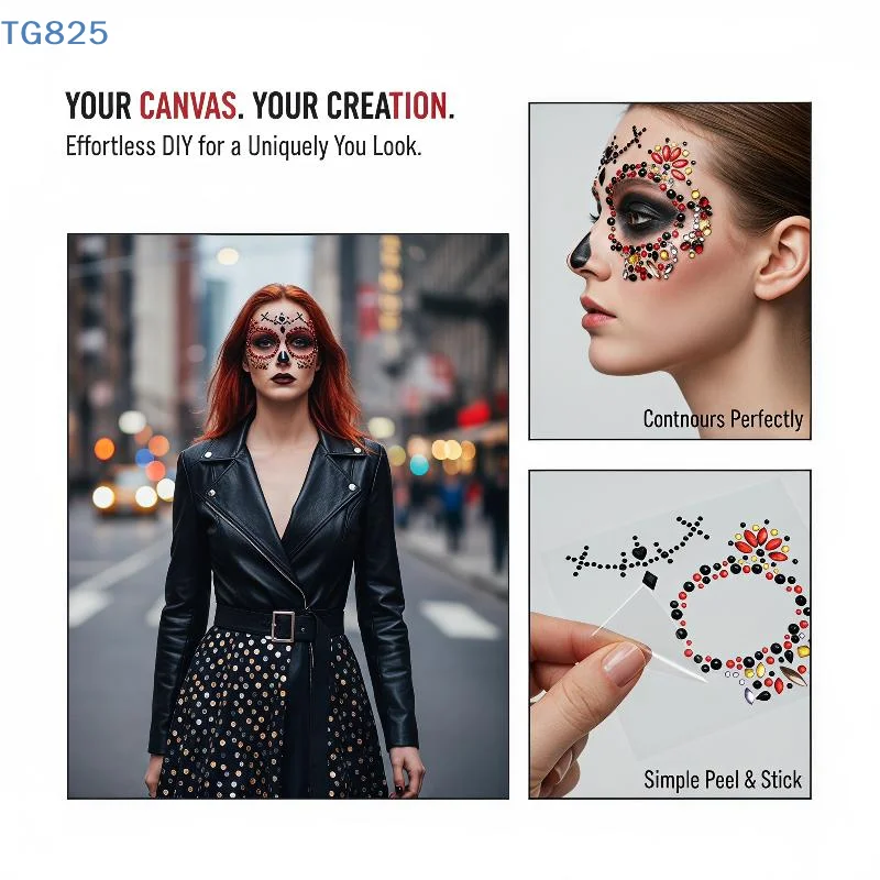 【AN】Flower Skull Pattern Face Jewel Stickers Sparkly Rhinestone Self Adhesive for Music Festival Carnival Makeup