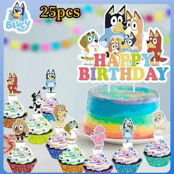Bluey كعكة الديكور 25 قطعة الكرتون الأزرق الكلب البنغو كب كيك أعلى عيد ميلاد سعيد للأطفال حفلة عيد ميلاد كعكة الحلوى زينة