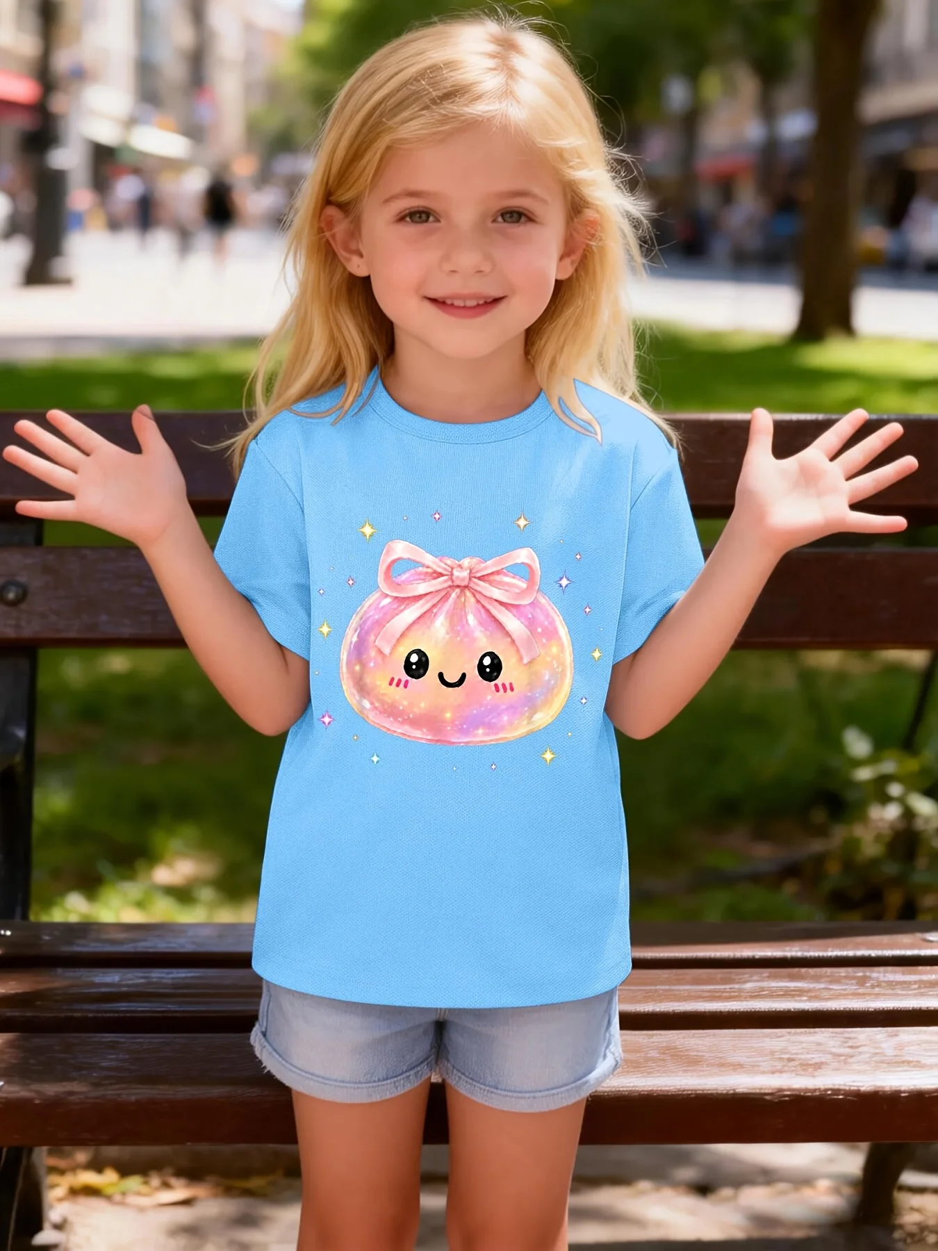 Cute Glitter Cartoon Pouch With Bow Lovely Kawaii Graphic Print T Shirt Family Matching Boys Girls Kids Short Sleeve Daily Tees