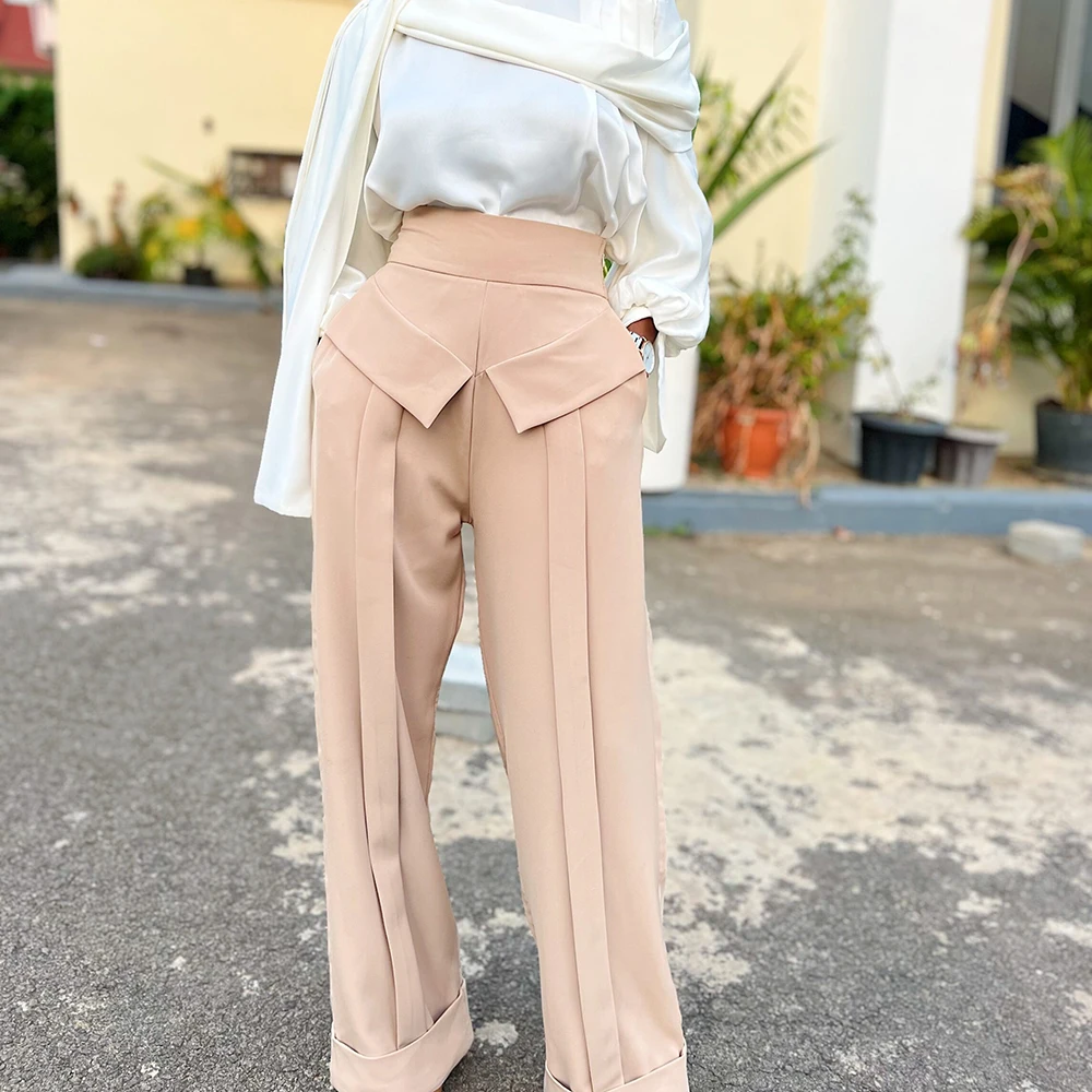 TWOTWINSTYLE Solid Minimalist Pants For Women High Waist Patchwork Folds Temperament Elegant Wide Leg Pant Female Fashion Cloth