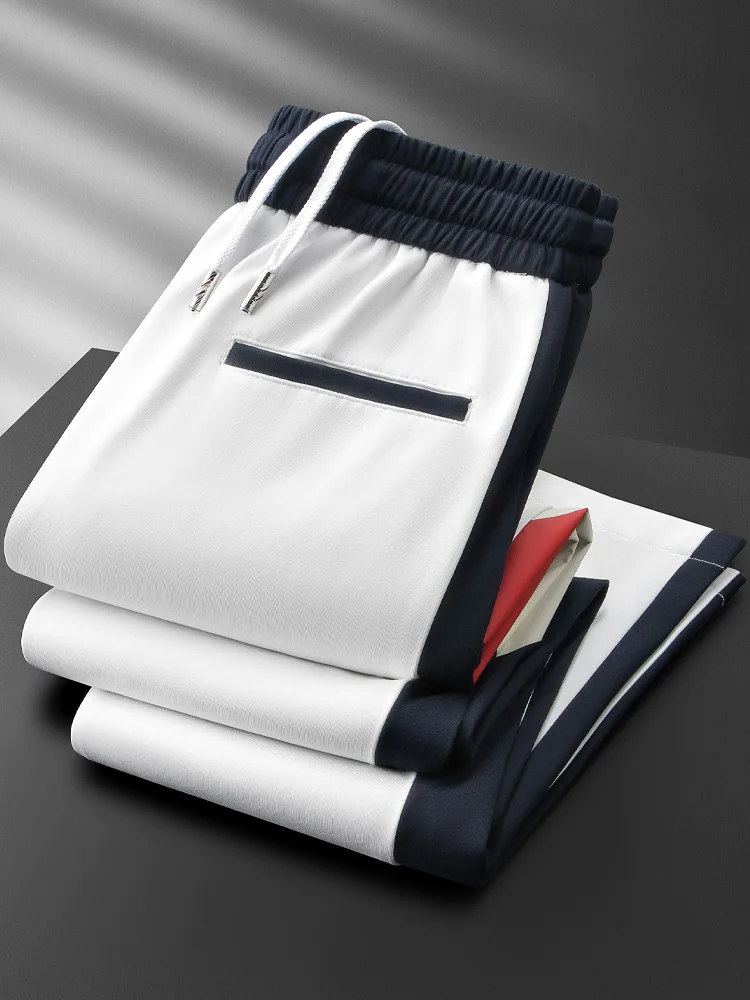 

Summer Ice Silk Sports Pants Men's Straight Leg Zipper Casual Leisure Trousers Side Color Blo Weave Belt High End