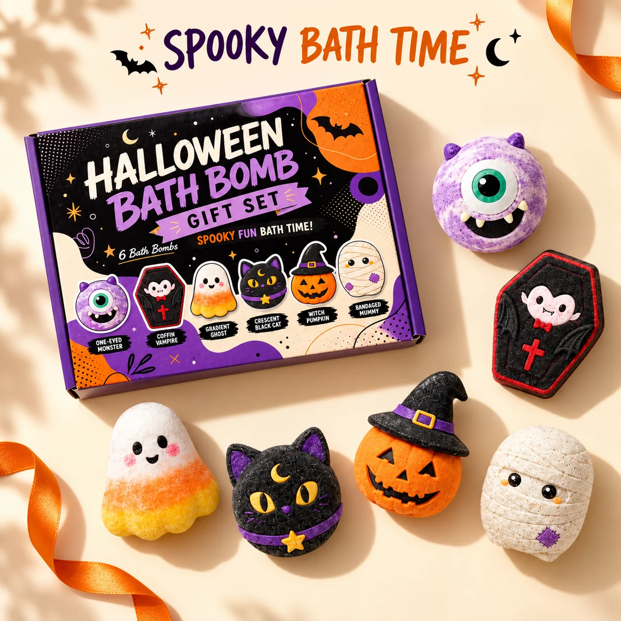 Halloween Fizzy Bath Balls Essential Oil Bath Bomb Gift Box Spooky Monster Vampire Mummy Designs for Party Favors and Gifts