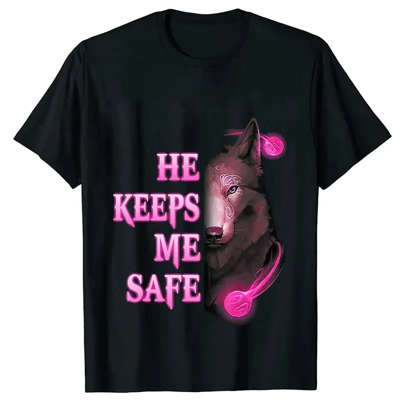 She Keeps Me Strong He Keeps Me Safe Couple Matching T-Shirt Wolf Couple Tshirts Casual Black LOVER TShirt Tops Valentine Shirts