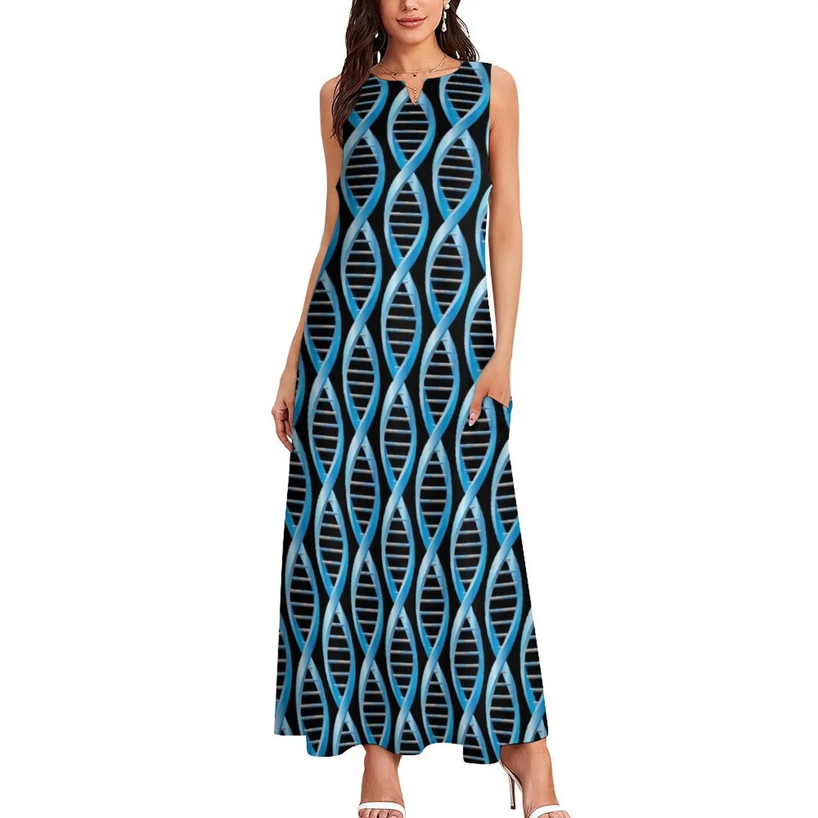 Vestido longo de DNA humano para mulheres, Vista vertical de azul, Vestido sexy, Estilo coreano