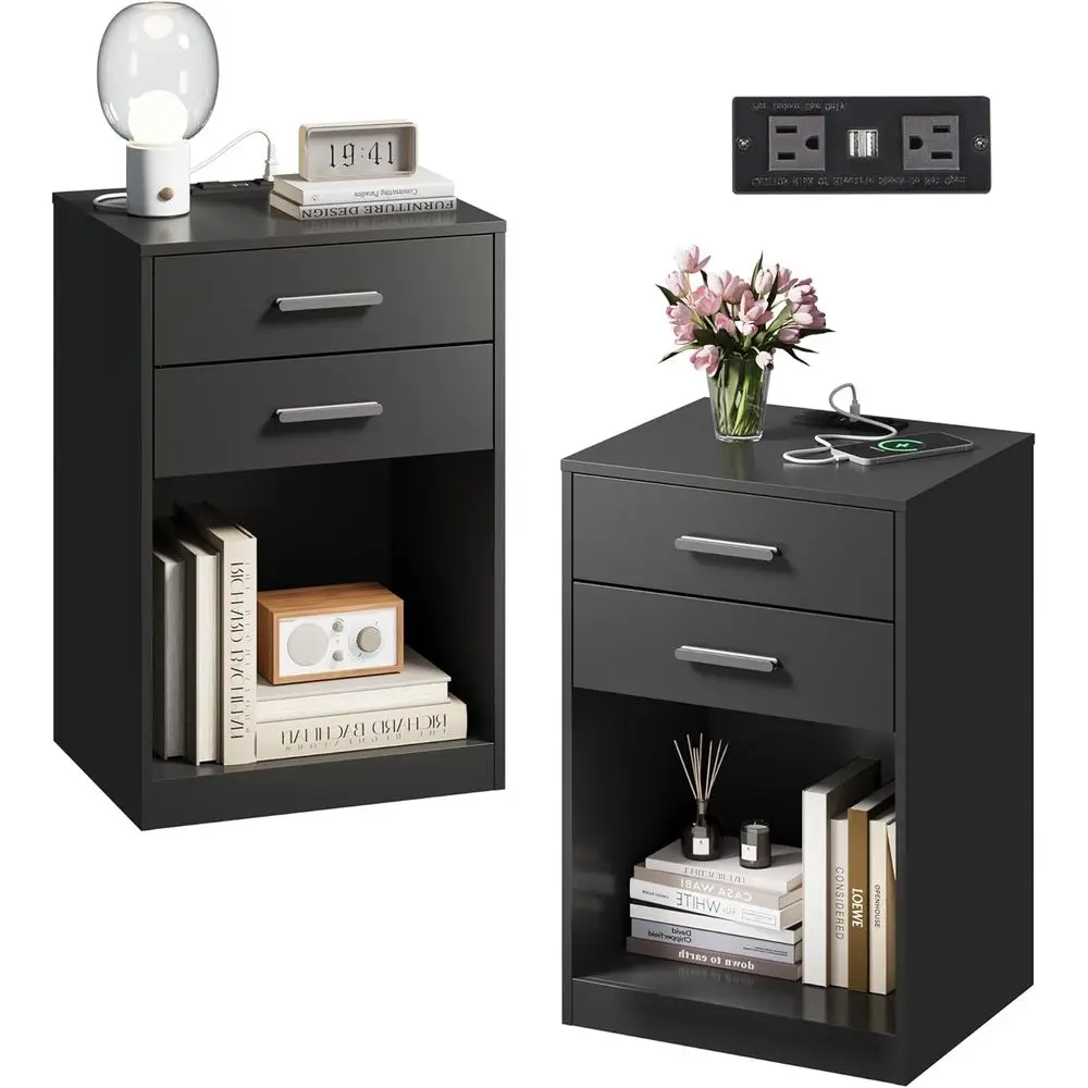 

2-Piece Wooden Nightstand Set with Charging Station and Open Shelves, Ideal for Bedrooms and Living Rooms, Black Finish