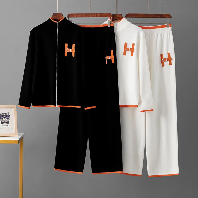Knitted Sweater 2 Peice Set Women's Autumn Warm Zipper O-Neck Pullover Straight Jogging Pant Suits Casual Oversize Tracksuit