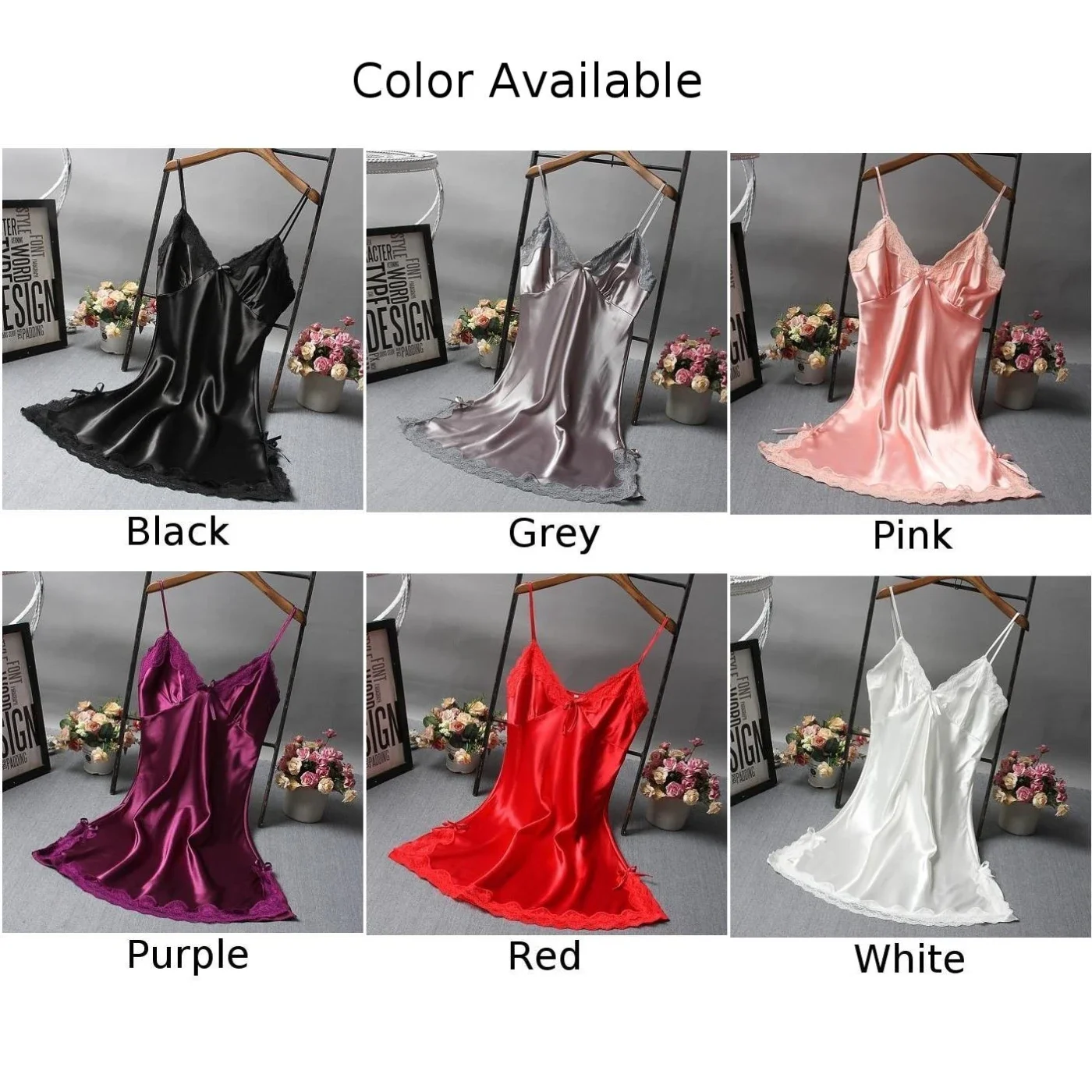 Frauen Damen sexy Nachthemd Spitze Satin weich seidig glänzend Dessous Kleid Nachtwäsche atmungsaktive Schlinge Schlaf hemden Sommer V-Ausschnitt