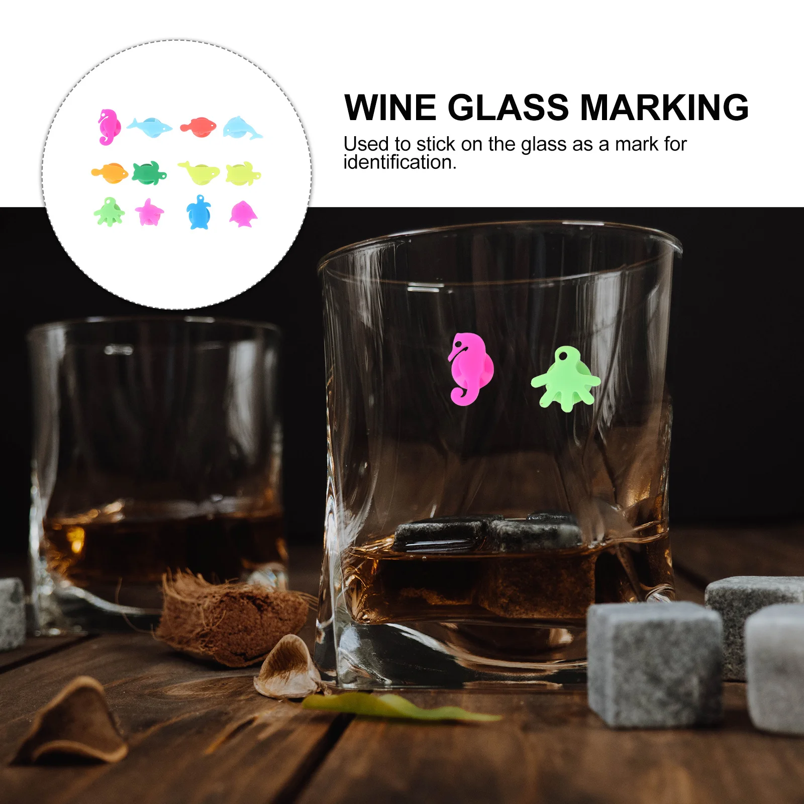 

36pcs Wine Glass Markers Silicone Suction Cup Drink Identifiers Reusable Glass Label Assorted Colors Marine Animals Design