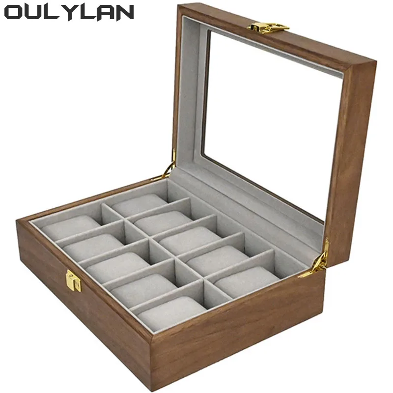 Wood Watch Jewelry Box Wooden Grain Watch Display Case 10 Slot Vintage Wood Watch Storage Box Organizer Walnut