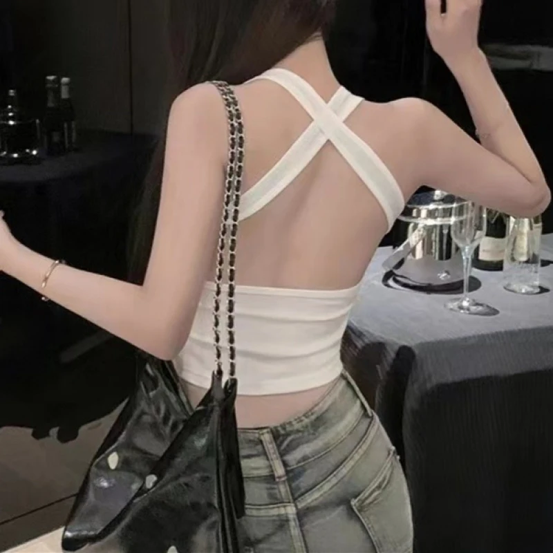 

2025 Summer American Hot Girl Cross Back Solid Color Small Strap Sleeveless Women's Short Tank Top