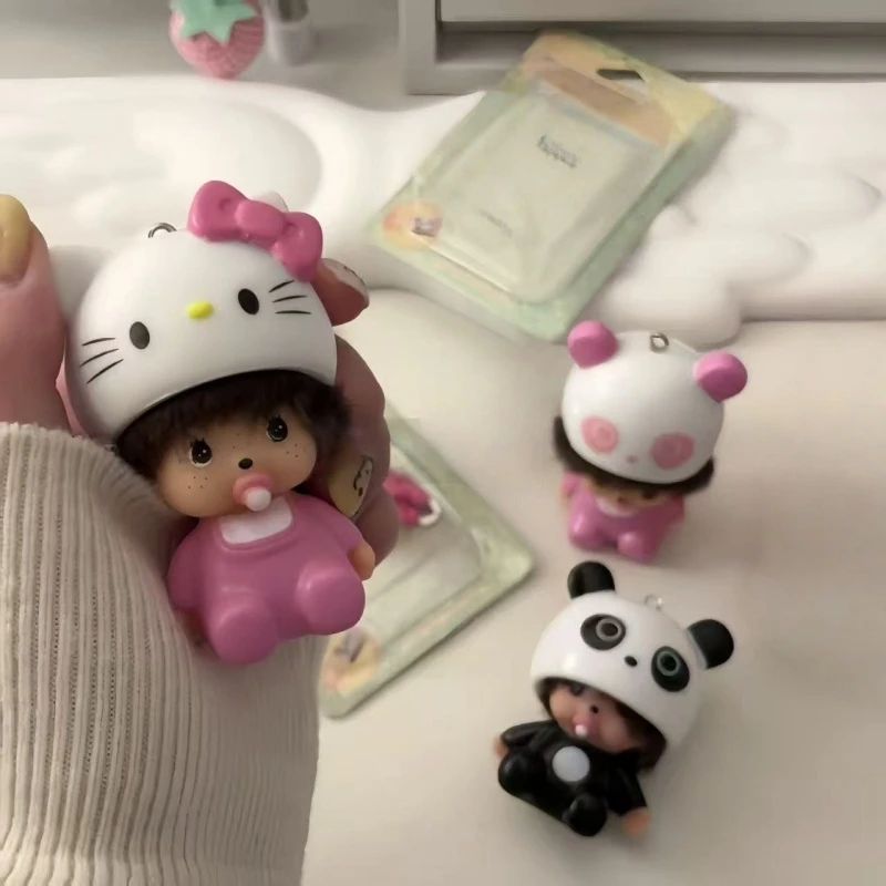 Chaveiro Fofo Hello Kitty, Pingente de Vinil de Desenho Animado Monchhichi, Decoração de Mesa, Modelo de Brinquedo Infantil, Presente de Aniversário