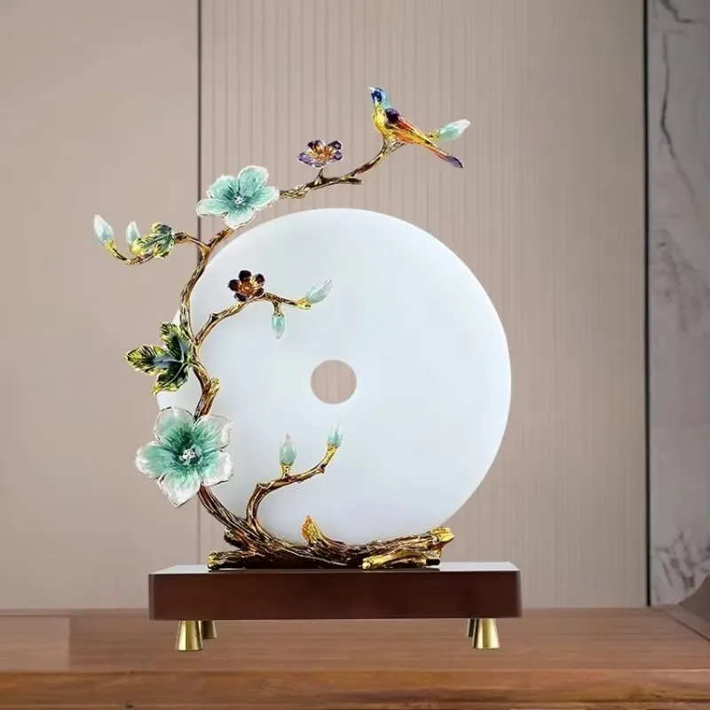 Hollow Smooth Round Disc Ornament Twisted Branch Floral & Bird Metal Accent Solid Dark Wood Footed Block Desk Static Decor Craft