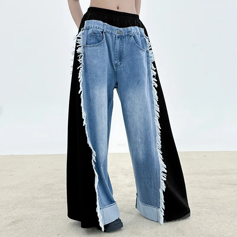 النساء تقسم الجينز سراويل جينز بنطال ذو قصة أرجل واسعة شرابة كامل طول عالية الخصر سستة فضفاضة Y2k الشارع الشهير عادية خريف 2025