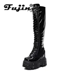 Fujin 12cm Full Cow Genuine Leather Women Boots Knee High Motorcycle Boots Platform Wedge Women Winter Boots Shoes Spring Autumn