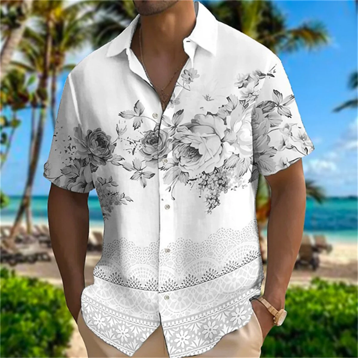 Simple Feather Print Shirt for Men, Breathable, Casual, Fashionable, Loose Short Sleeved Shirt