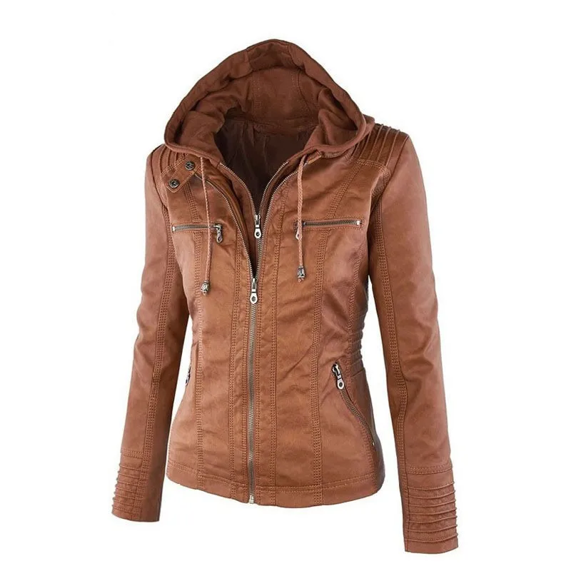 Women PU Leather Jacket Front Zipper Full Sleeve Slim Waist Casual Coat Outwear Autumn Removable Hat Hooded