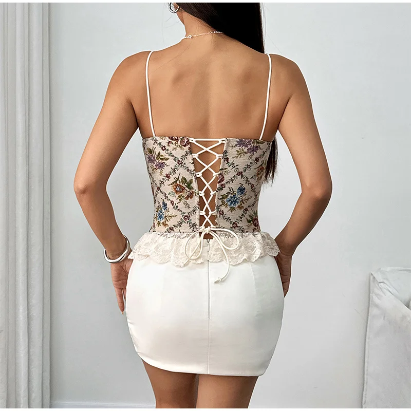 Seksowna Retro Koronkowa Koszulka na Ramiączkach z Kwiatowym Patchworkiem Damska Głęboki Dekolt V Boho Obcisła Wygodna Bluzka Bielizna Modna Odzież