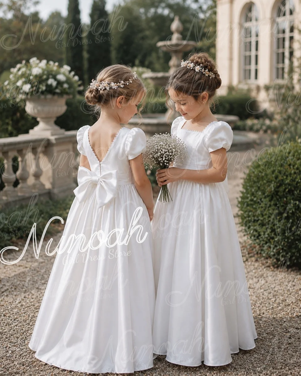 White Satin Flower Girl Dresses for Wedding with Bow Floor Length Girl Gown for Photoshoot First Communion Gown Customized