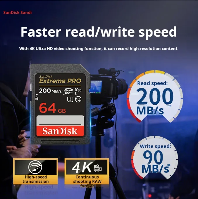 SanDisk 64GB SD Memory Card, 4K V30 U3 C10, Camera Memory Card, Read Speed 200MB/s, Memory Card for Mirrorless/DSLR Cameras