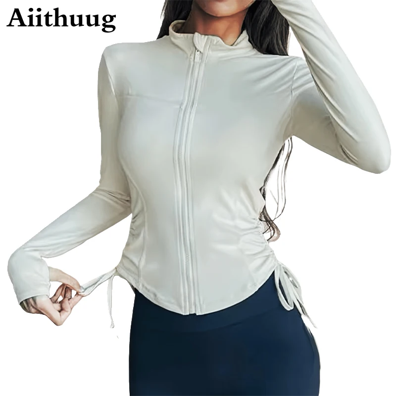 Aiithuug Full Zipper Thumbholes Yoga Jackets Women's Stand-up Collar Side Ruched Slim Fit Coat Breathable Pilates Workout Tops