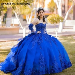 EVLAST Customized Royal Blue Ball Gown Quinceanera Dress Lace Applique Beaded Ruffles Corset Sweet 16 Vestidos De Anos SQ401