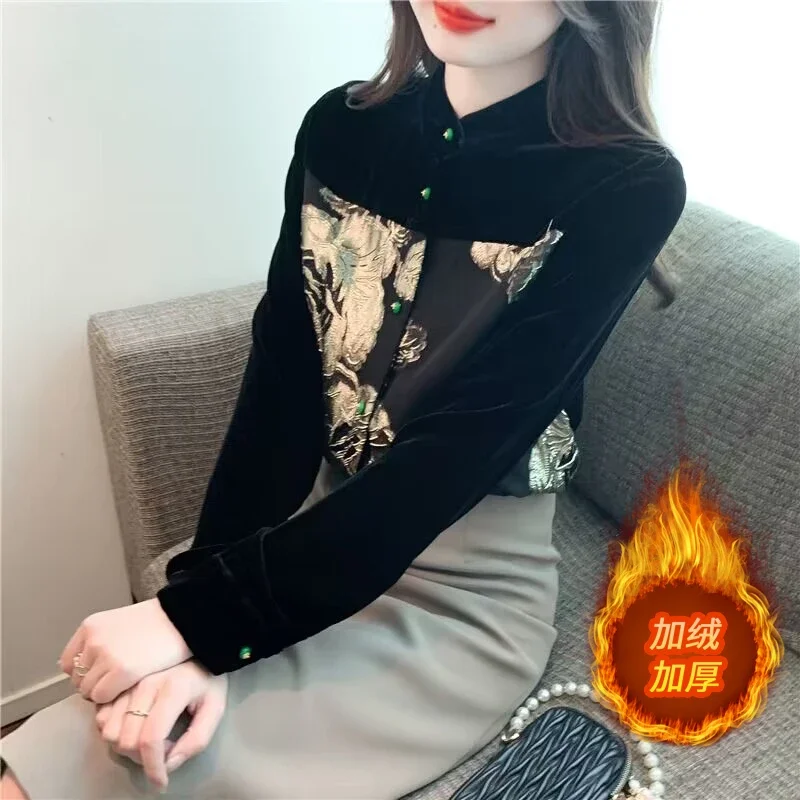 

Spring Fall Women Floral Pattern Black Velvet Top Shirt , Woman Clothing Embroidery Flower Patchwork Slim Velour Tops Shirts