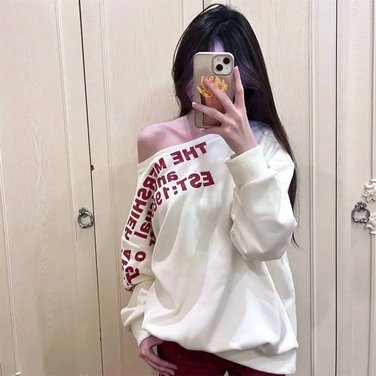 Y2k sexy oversize truien dames streetwear print off-shoulder lange mouw basic top dame herfst winter Koreaanse mode sweatshirt