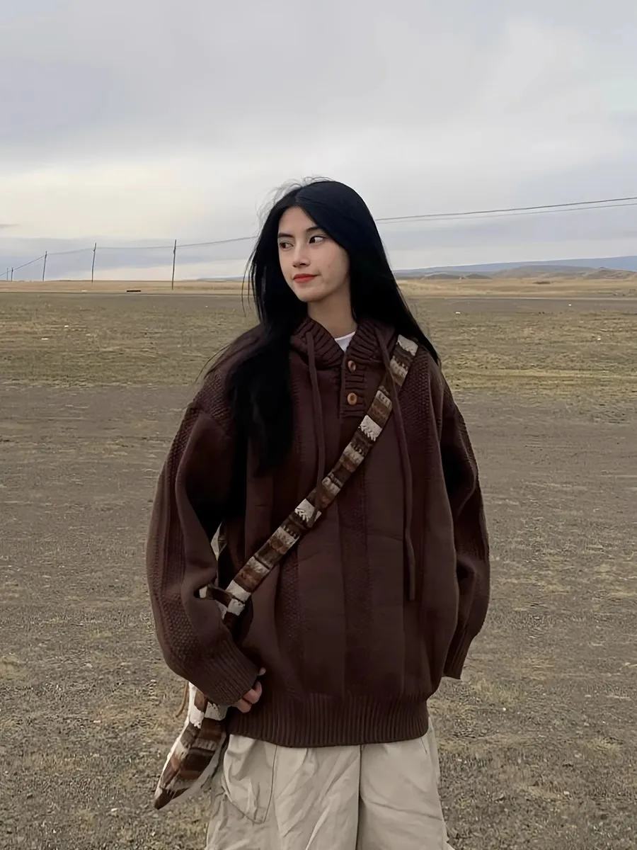 

Японская толстовка с капюшоном цвета русалки, свободный повседневный вязаный свитер для ленивой пары, пальто, весна-осень, сезонное длинное пальто...