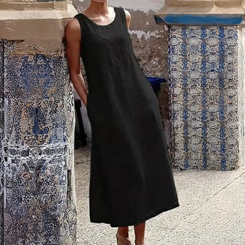 Women Polyester Dress Elegant Maxi Dress with Pockets for Women Loose Crew Neck Tank Dress for Beach Vacation Long Sundress