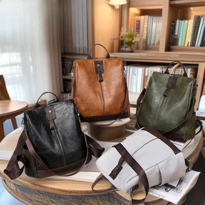 Ladies' PU leather backpack, retro casual outdoor travel backpack, multi-purpose anti-theft single-shoulder bag
