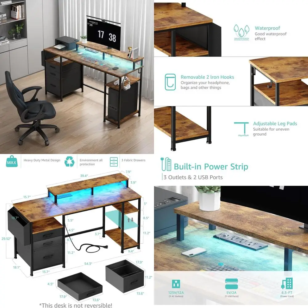 Gaming Desks with Led Lights and Power Outlets, 55 Inch Study Writing Computer Desk with abric ile Ders Cabinet or Bedroom, Home