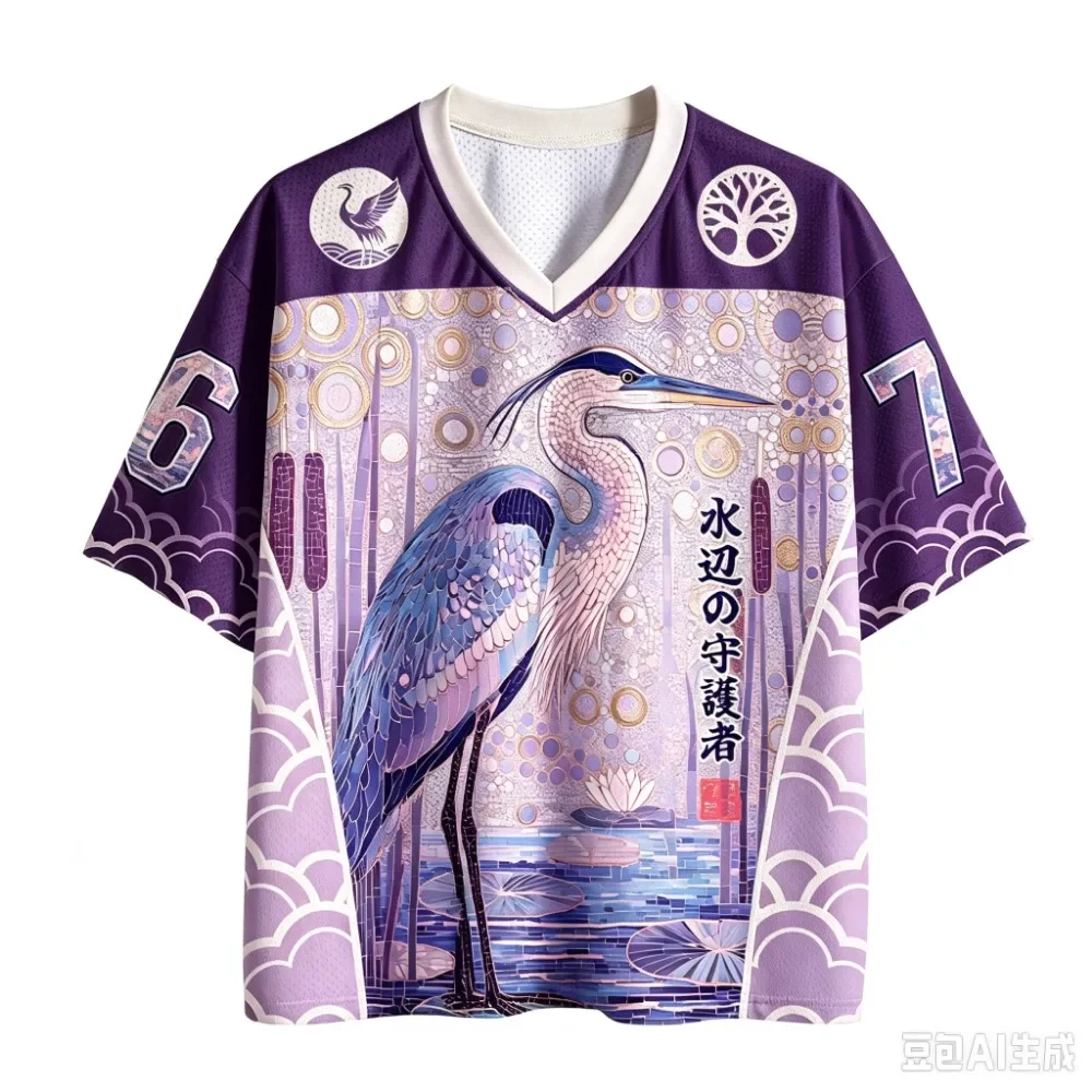 Unisex Japanisches Ukiyo-e-Design mit Storch und Lotusblumen, vollständig im 3D-Druckverfahren, V-Ausschnitt, Jersey-Stoff, modisches Street-T-Shirt, lockeres, atmungsaktives T-Shirt mit kurzen Ärmeln für den Sommer. – Detail 4
