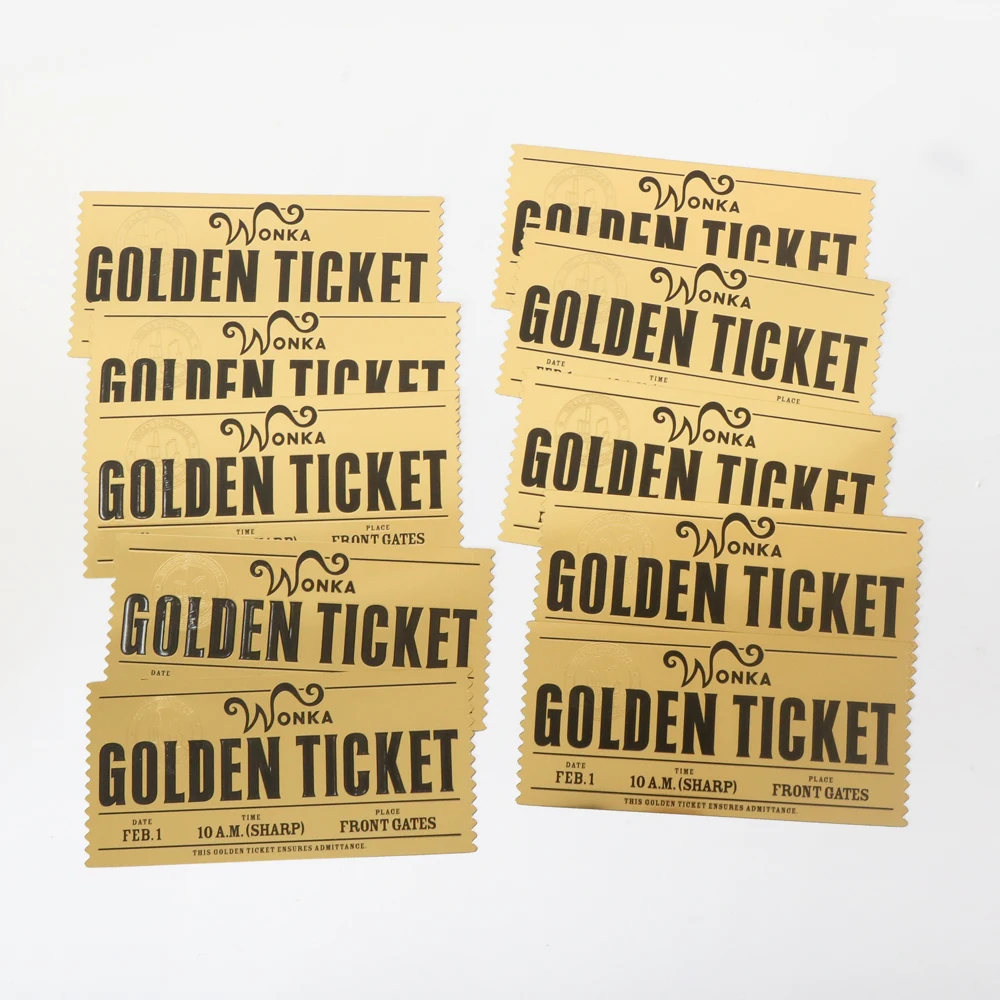 10pcs/set Wonka Golden Tickets in Envelope Gold Foil PVC Lucky Ticket Christmas Birthday New Year Party Souvenir Gifts for Kids