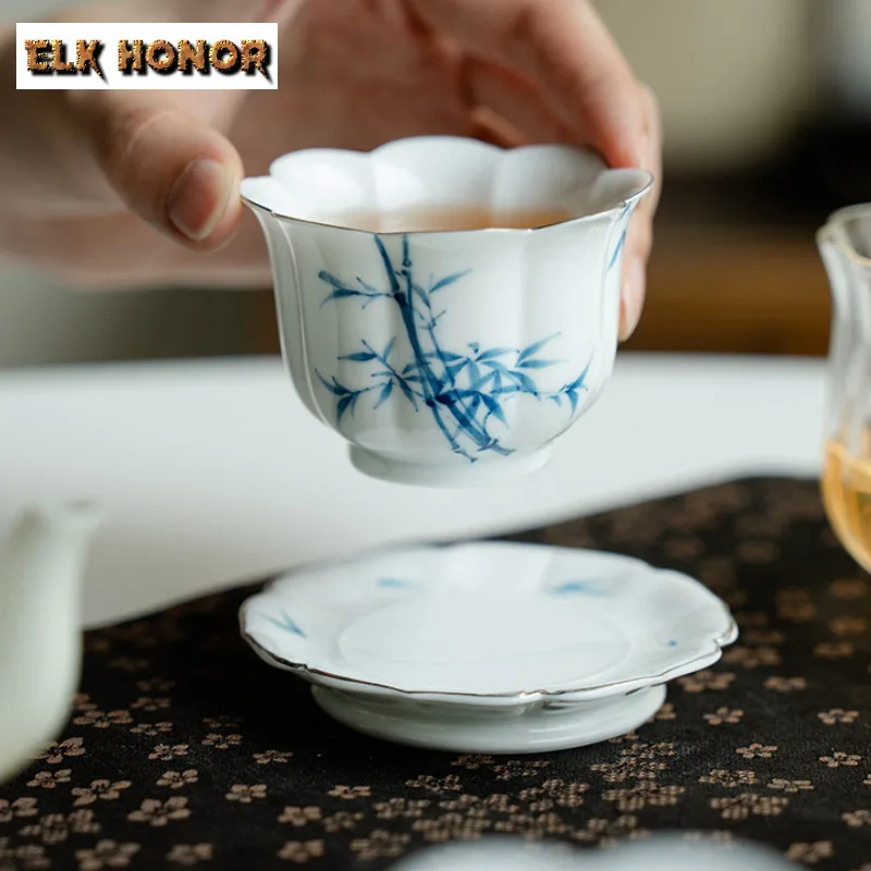 50ml Hand Painted Orchid Bamboo Master Cup Ceramic High Feet Cup With Coaster Small Tasting Mug Retro Meditation Cup Cafes Gift