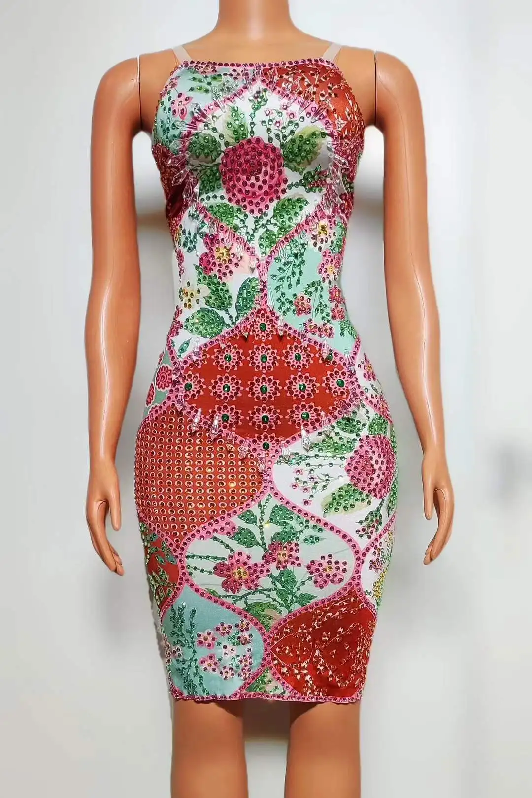 

Women Stretch Spandex Sleeveless Flower Sparkly Rhinestone Stage Wear Short Dress For Party Night Clubwear Mardi Gras Costumes