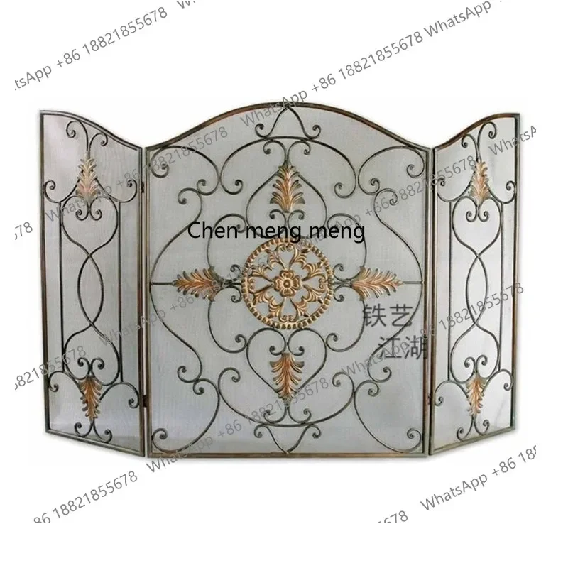 New arrive European wrought iron black old living room fireplace screen partition with mesh hollow folding guardrail door