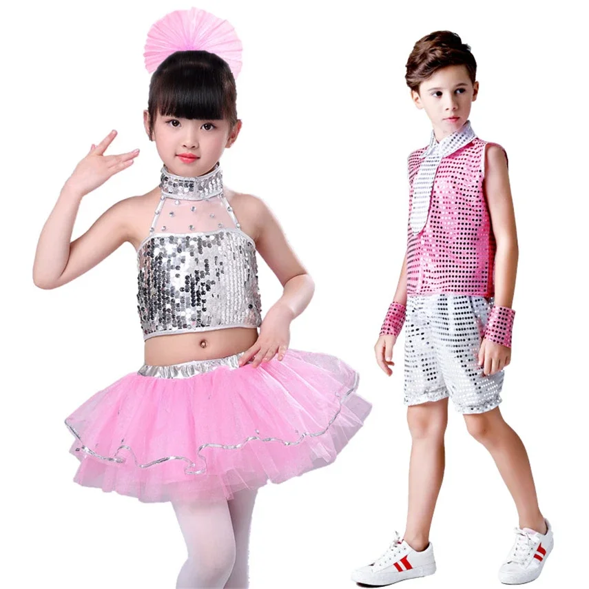 Kids Girls Top Jazz Dance Wear Costumes Sequins Holographic Cheerleader Hiphop Stage Performance Clothing Outfit Set