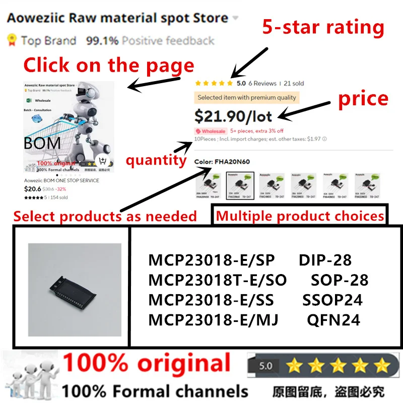 Aoweziic 100%New Imported Original MCP23018-E/SP DIP-28 MCP23018T-E/SO SOP-28 MCP23018-E/SS SSOP24 MCP23018-E/MJ QFN-24 MCP23018